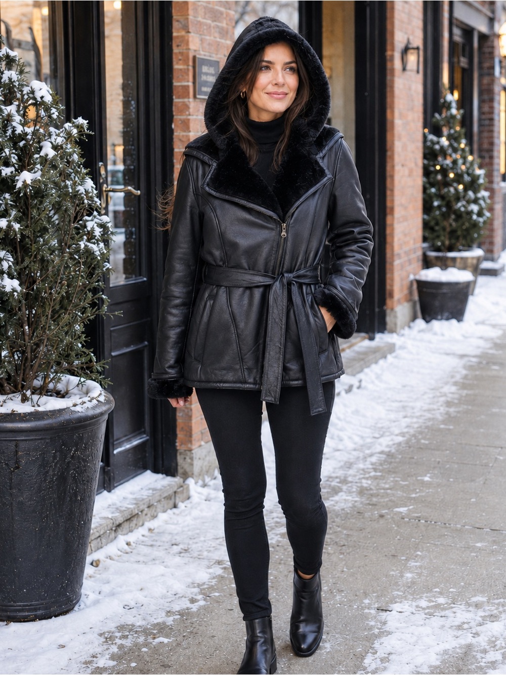 🖤 Wilson’s Leather Black Genuine Leather Faux-Fur Lined Hooded Belted Jacket/ L